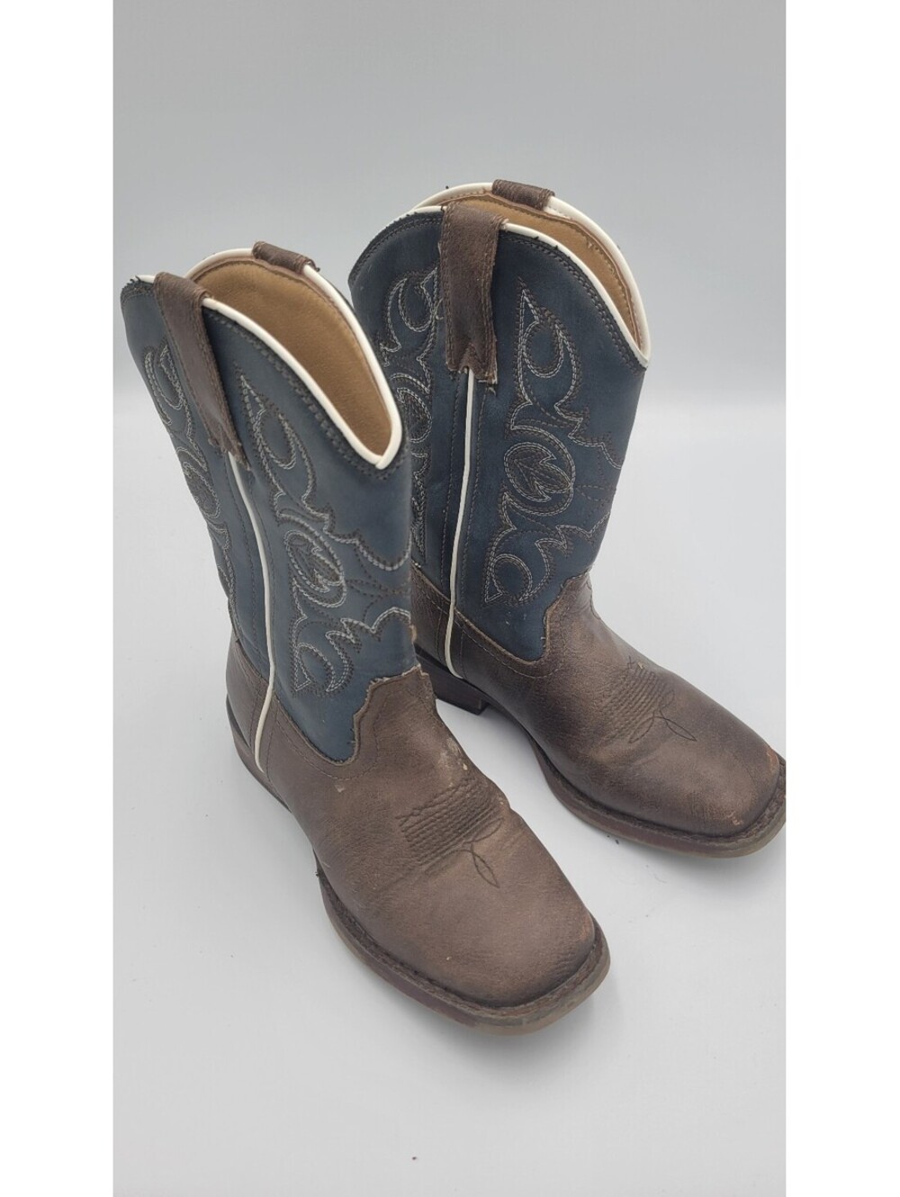 Roper Western Cowboy Boots Brown and Blue Leather Youth SZ 12